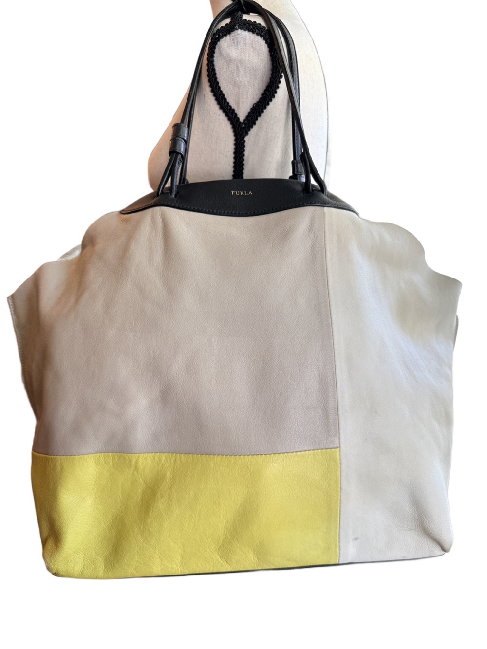 Furla Colorblock Leather Tote in Citron Yellow, Cream and Black Slouchy w Pouch